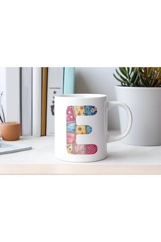 E Harfli Retro Çiçekli Kupa Bardak - Patchwork Tarz Yamalı Desenli İsme Özel Kupa - Hediye 07 Beyaz