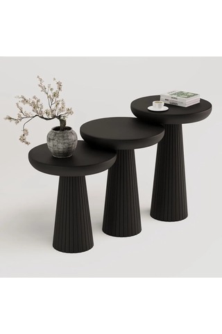 3 Lü Siyah Set Kalın Fitilli Mantar Yan Sehpa Modern
