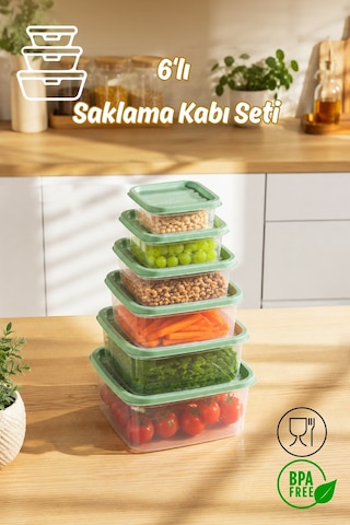 Porsima Sa-645-1 6 Adet 12 Parça Derin Dondurucu Mikrodalga Saklama Kabı - Çok Amaçlı Erzak Saklama Kabı Seti Yeşil
