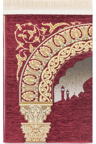 Taç Mahal Desenli Şönil Seccade Bordo