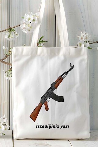 Art Hediye Ak-47 Kalaşnikof Baskılı Bez Çanta Kişiye Özel Model 2 Çok Renkli