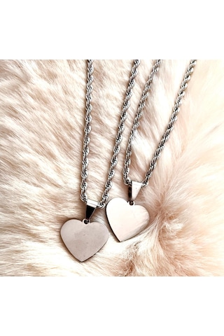 Gns Aksesuar Kalın Burgu Halat Zincir Kalp Detaylı Sevgili Kolye Seti Gümüş