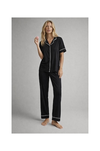 Rindahomewear Kadın Pamuklu Örme Kumaş Siyah Kısa Kol Düğmeli Arabiyeli Pijama Takım Siyah