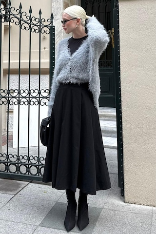 Siyah Pileli Cepli Kadın Midi Boy Etek Mg2536 Siyah