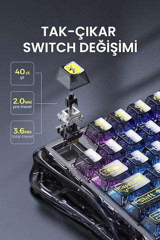 Gravastar Mercury K1 Lite+m2 Kablosuz Rgb Işıklı Mekanik Q Gaming Klavye Ve Optik Mouse Seti, Şeffaf Optik