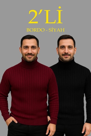 Tarzyeri Erkek Fitilli Kazak Tam Boğazlı Balıkçı Yaka Triko 2'li Set Bordo-siyah Yeşil
