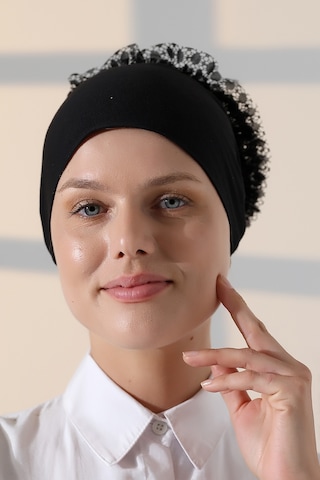 Kadın Fırfırlı Güpürlü Tesettür Topuz Bone - Siyah Siyah