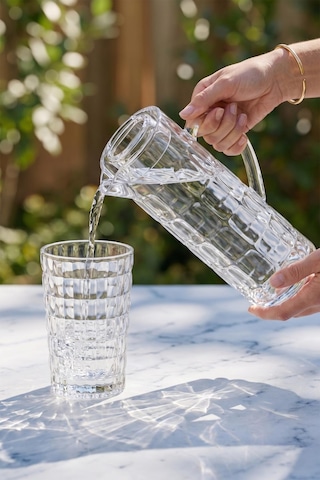 Akrilik Allegra Şeffaf 7 Parça Su Meşrubat Kahve Yanı Bardağı 400 Ml Ve Akrilik Allegra Şeffaf 1,5 Lt Sürahi Cam Değildir