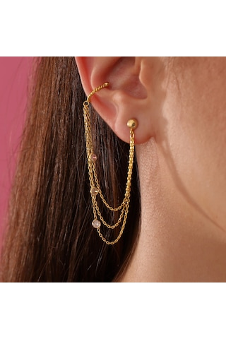 Queen Silver Jewelry 925 Ayar Gümüş Zirkon Taşlı Kıkırdak Küpe Altın