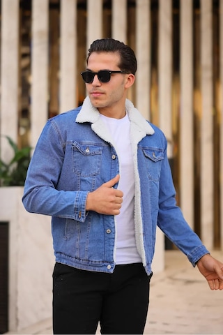 E-fendi Erkek Kürklü Denim Kot Mont Kışlık Sıcak Ve Şık Dış Giyim Mavi - Bej
