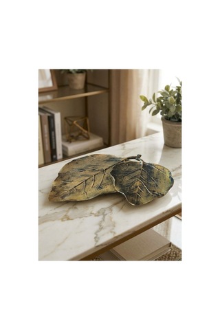 Dekoratif Çift Yaprak Sunum Tabağı & Masa Üstü Obje - Eskitme Bronz / Gold 32x28 Cm