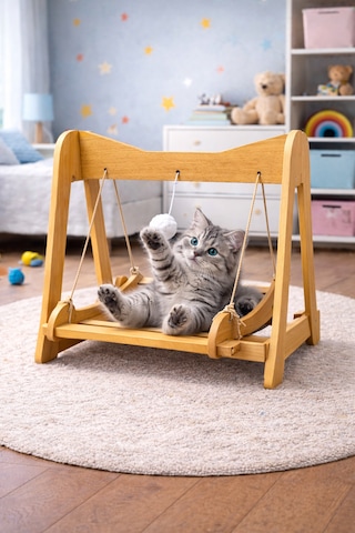 Ahşap Kedi Salıncağı & Oyun Platformu Ponponlu, Doğal Ahşap Oyuncak