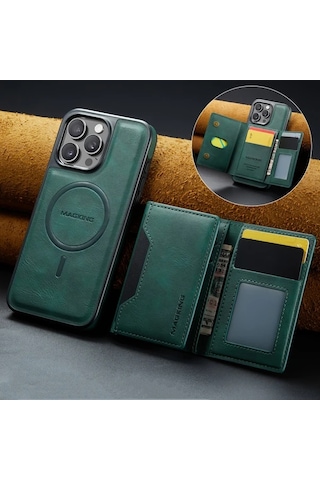 Willowhaven İphone Uyumlu 13 Pro Max Yeşil Manyetik Cüzdan Kılıfı 8 Kart Bölmeli Çıkarılabilir Şarj Standlı Kılıf