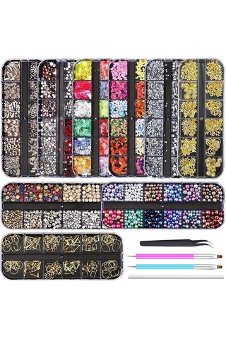 Yifomall Profesyonel Tırnak Dekor Seti - 9 Kutu Simli Aksesuar + 2 Fırça + 1 Cımbız İle Mükemmel Tasarımlar