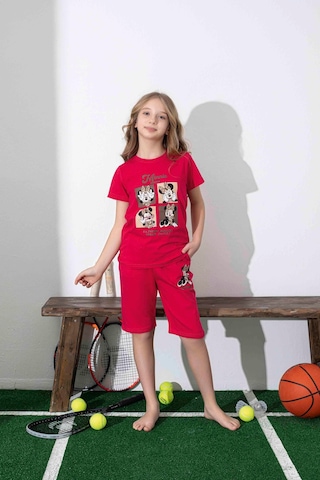 Kız Çocuk Mini Desenli Kırmızı Şortlu Pijama Takımı-1311 Kırmızı
