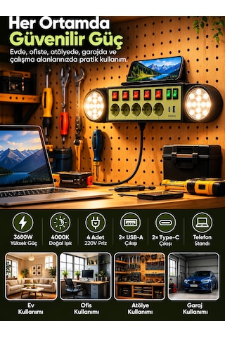 5'li Akım Korumalı Priz 1 Usb 1 Type-c 2 Led Işıklı 2m Kablolu Anahtarlı Güç İstasyonu 0 - 2 M