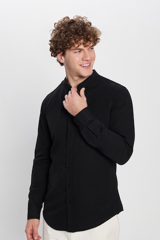 Tudors Erkek Slim Fit Dar Kesim Pamuklu Kolay Ütü Siyah Hakim Yaka Gömlek-22418 Siyah