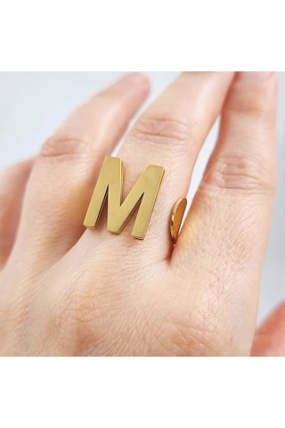 Çelik Gold Düz Kesim Harf Yüzük -m Harfi- Ayarlı Ölçü-1897 Altın