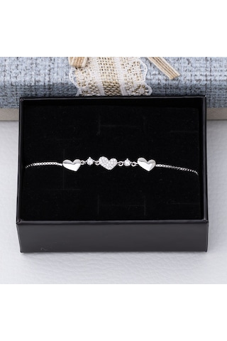 3'lü Kalp Model 925 Ayar Gümüş Kadın Asansörlü Bileklik Gümüş