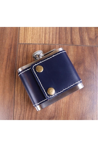 5 Oz 150 Cc Lacivert Deri Kılıflı Cep Tipi Çelik Viski İçki Matarası Ve Gold Viski Bardağı