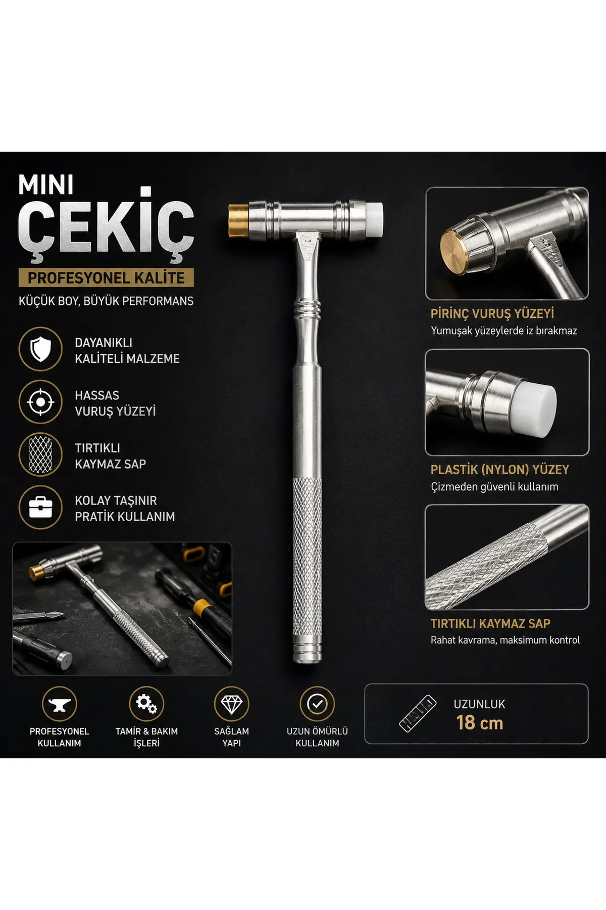 Senbang Mini Çekiç Takı Tamir Çekici Çift Taraflı Pirinç Ve Naylon Başlıklı Hassas Kuyumcu Çekici 18 Cm