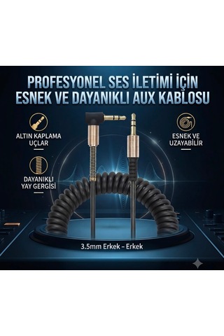 1.8 Mt Aux Ses Kablosu 3.5mm L Tipi Metal Yaylı Dayanıklı Kablo Araba Aux Kablo Esnek & Dayanıklı Ses Kablosu 1.8 M