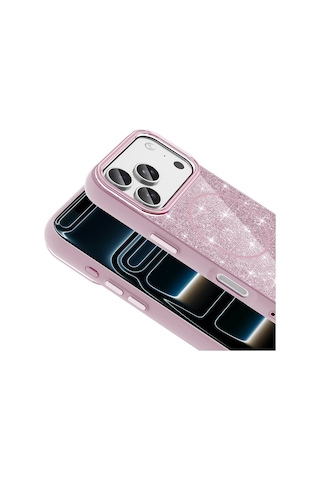 Apple Uyumlu iPhone 17 Pro Kılıf Kablosuz Şarj Özellikli Parlayan Simli Okso Kapak Pembe