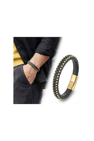 Premium Siyah Deri Ve Sarı Damla Çelik Zincirli Bileklik 31834b1d2-4 - 21 Cm Altın - Siyah