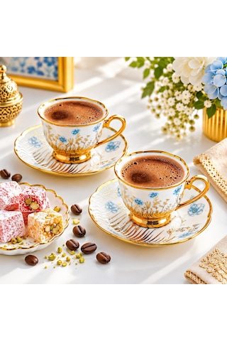 Valkyrie 6 Kişilik 13 Parça Türk Kahvesi Fincan Takımı Standlı 90 Ml Mavi Çiçek Gold Detaylı K655 Mavi