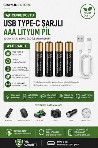 Usb Type-c Şarjlı Aaa İnce Kalem Pil 4 Lü Paket 1.5v Lityum