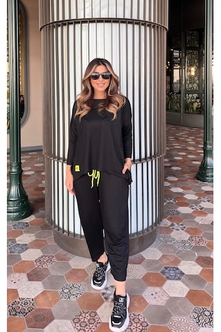 Gülsüm Aydın Kadın Iki Iplik Viskon Pamuk Kumaş Arma Detaylı Ikili Takım Siyah