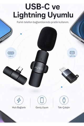 Usb-c Ve Lightning Uyumlu Kablosuz Yaka Mikrofonu Tak Çalıştır Telefon Ses Kayıt Seti