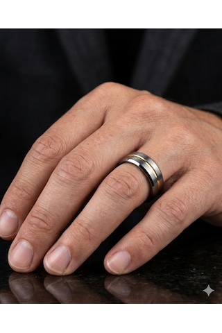 Erkek Gümüş Renk Gold Çizgi Detay 6 Mm Tungsten Yüzük