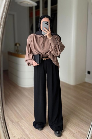 Kahijab Kemerli Vatkalı Gömlek - Camel