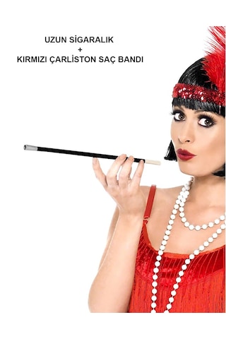 1920&apos Ler 1990&apos Lar Gatsby Kadın Aksesuar Seti Kırmızı Charleston Saç Bandı Ve Sigaralık Aklby-bsva58
