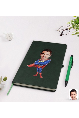 Kişiye Özel Süper Baba Karikatürlü Yeşil Termo Deri Defter Kalem