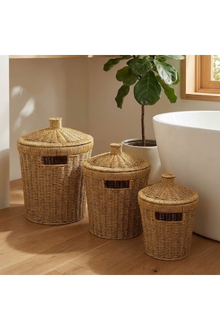 Buffer 3 Lü İç İçe Geçebilen Büyük Plastik Rattan Hasır Sepet Seti-dayanıklı Çok Amaçlı Ev,banyo Ve Mutfak Düzenleyici Kahverengi