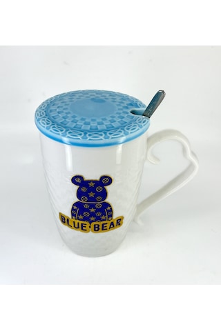Porselen Kapaklı Mavi Ayıcık Desenli Porselen Kupa Bardak Beyaz