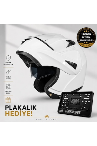 Vrt Çene Açılır Güneş Vizörlü Kask + Plakalık Beyaz