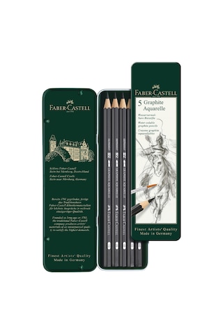 Faber-Castell Graphite Aquarelle Kurşun Kalem Seti, 5’li, Metal Kutu, HB 2B 4B 6B 8B, Siyah Naturel, Suda Çözünür