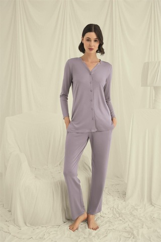 İkikareshop Uzun Kollu Düğmeli V Yaka Pijama Takımı Çok Renkli