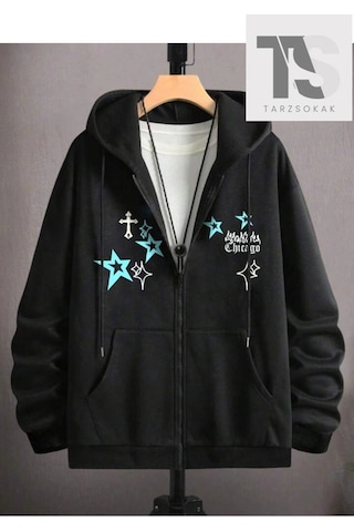 Tarzsokak Chicago Star Sembol Sweatshirt Fermuarlı Hırka Siyah Siyah