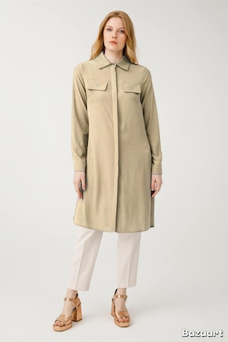 Çift Cepli Cep Üzeri Aksesuarlı Uzun Tunik Taş Gri