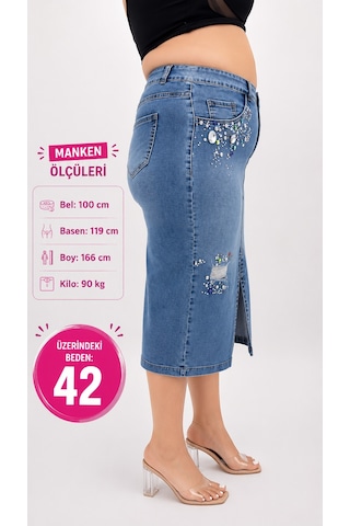 Zanessi Fashıon Büyük Beden Denim Taşlı Kalem Etek Mavi