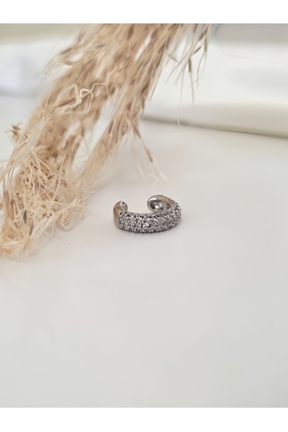 Minimal Işıltılı Zirkon Taşlı Kıkırdak Cuff Gümüş Renk Küpe Silver