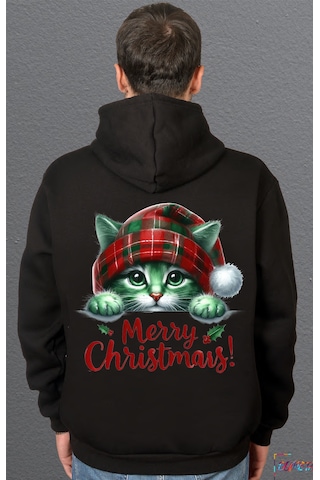 Bumeta Sevimli Kedi Yılbaşı Cute Christmas Sweatshirt Unisex Kapüşonlu Hoodie Siyah