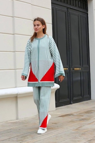 Çizgili Bisiklet Yaka Triko Takım Mint Mint