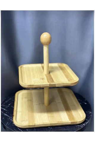2 Katlı Kare Bambu Sunumluk Doğal Bambu Servis Standı, Kek & Pasta Sunum Tepsisi Açık Kahverengi