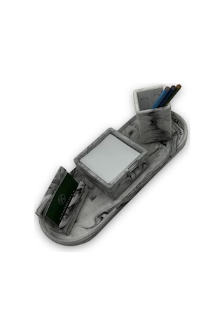 Mermer Desenli Beton 4 Parça Ofis Seti Kartlık Kalemlik Notluk Kartvizitlik Tepsi Gri