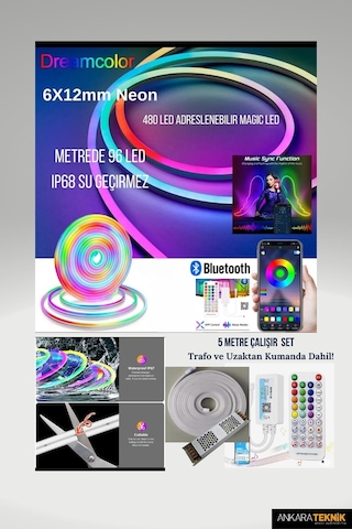 Piksel Neon Led 6x12mm 5 Metre Hazır Kumandalı Set/ Ip68 Koruma RGB
